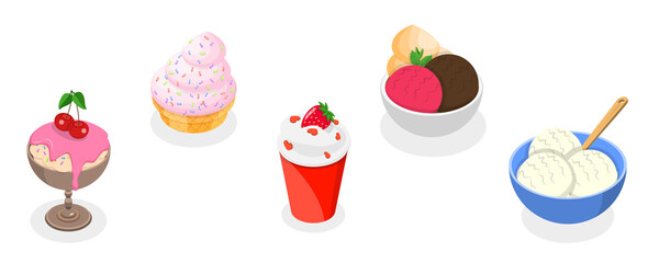 3D Isometric Flat  Set of Ice Creams, Collection of Cold Sweet Desserts