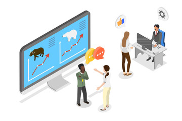 3D Isometric Flat  Illustration of Traders Analysing Global Market , Bears and Bulls