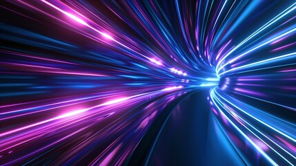 Obraz premium Hyperspace Warp: 3D Render with Blue-Purple Light Streaks on Dark Background