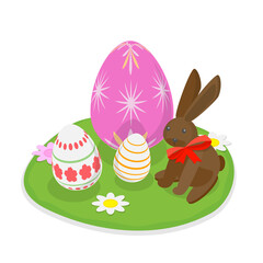 3D Isometric Flat  Illustration of Spring Easter Composition, Horizontal Poster, Greeting Card