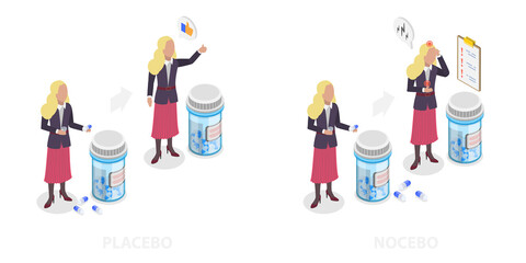 3D Isometric Flat  Illustration of Placebo And Nocebo, Medicine Side Effects