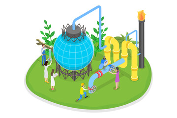 3D Isometric Flat  Illustration of Safety Control Of Oil And Gas Industry, Gas Industry Maintenance Service