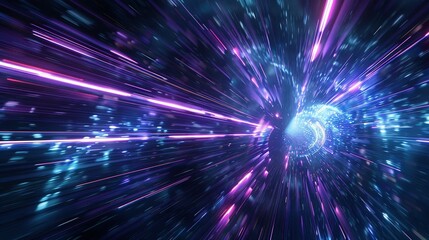 Fototapeta premium 3D Hyperspeed Warp Render: Blue and Purple Light Lines on Dark Background