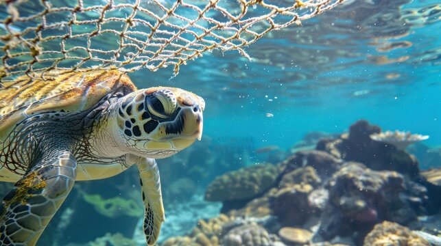 unterwater photo of a turtle trapped inside a fishernet