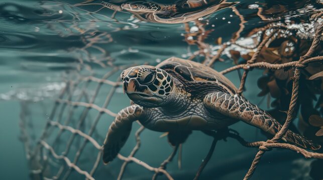 underwater photo of a turtle trapped inside a fishernet with minimalist background