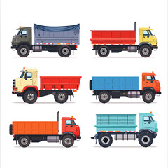 Fototapeta premium Set six colorful vector trucks isolated white background, different cargo holds. Detailed freight transport trucks, side view, different types tarp covered, open bed, container. No people, various