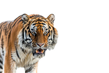 Fototapeta premium an angry tiger walking towards the camera isolated on white background. png.