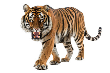 Obraz premium an angry tiger walking towards the camera isolated on white background. png.