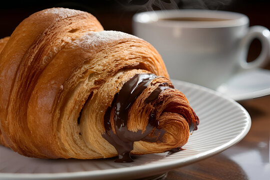 cup of coffee and chocolate croissant