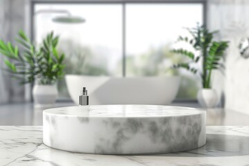 Marble podium for bathing product display on blurred bathroom background - generative ai