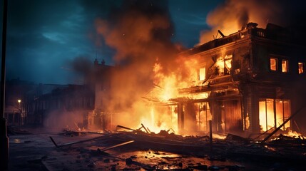 Burning buildings in the city at night. Fire in the city.