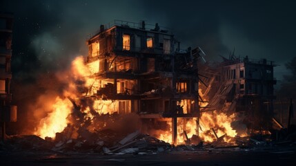 Burning buildings in the city at night. Fire in the city.