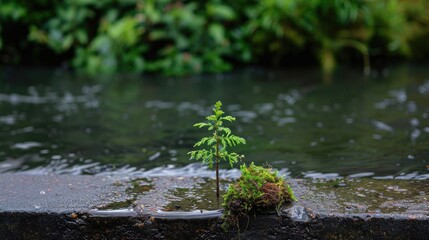 A tiny tree grows independently along the edge of the water channel