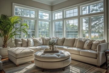 A living room with a comfortable sectional, ottoman coffee table, and a large bay window.