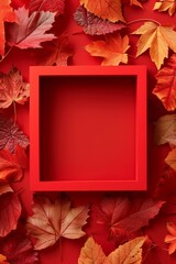 An empty red picture frame surrounded by vibrant red and orange autumn leaves, creating a warm and festive fall-themed background