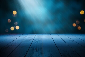 Blue wooden floor with bokeh lights in the background, creating a serene and dreamy atmosphere perfect for holiday or winter-themed settings.