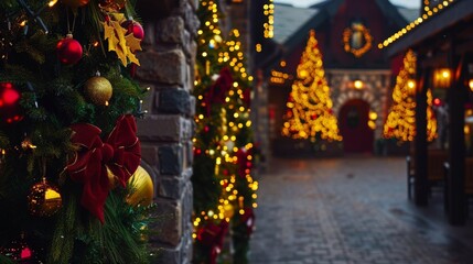 A decorated Christmas tree with red and gold ornaments, twinkling lights, and a red velvet bow. Festive cobblestone street lined with lanterns and greenery creating a holiday atmosphere - Powered by Adobe
