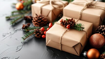 Wrapped gifts with natural twine and pine cone decorations, accompanied by evergreen branches and red berries on a dark surface - Powered by Adobe