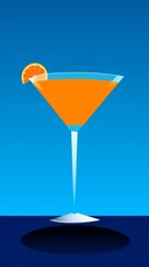 An orange cocktail in an elegant martini glass, with a slice of lemon on the rim, set against a blue sky background illustration simple flat