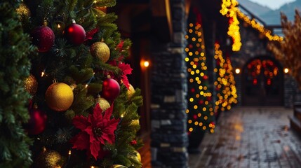 Fototapeta premium A decorated Christmas tree with red and gold ornaments, twinkling lights, and a red velvet bow. Festive cobblestone street lined with lanterns and greenery creating a holiday atmosphere