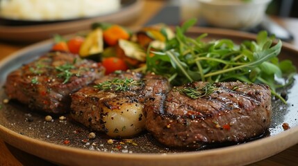 Steak - A simple yet universally loved dish, prepared in various styles across different cultures. Placed on the dining table in the kitchen. Minimal and Simple style