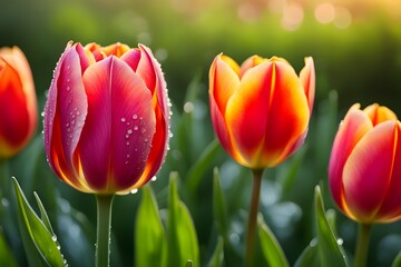 Fototapeta premium A group of red and orange flowers with dew drops on them