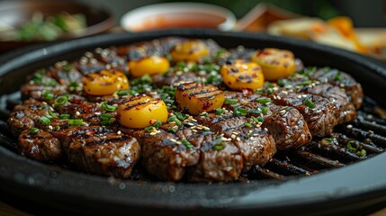 BBQ - Grilled meats, especially popular in the US, Korea, and South Africa. Placed on the dining table in the kitchen. Minimal and Simple style