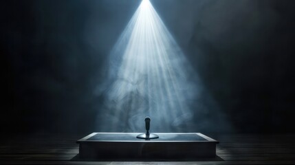 A well-lit stage podium with a sleek microphone and spotlight focused on it, set against a dark background, ready for a speaker to present