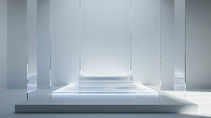 A podium with a transparent acrylic design, highlighted by crisp, white lighting on a stage, providing a modern and clean look