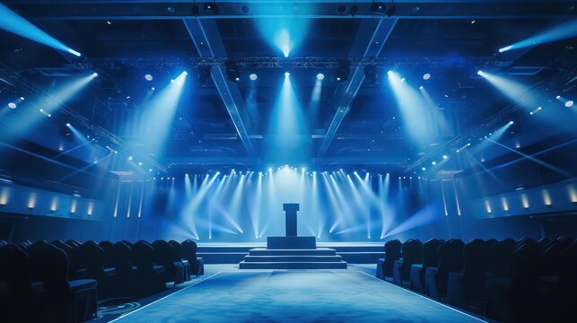 A wide shot of a conference hall stage with a podium and dynamic lighting effects, ready for a keynote speaker to address the audience.