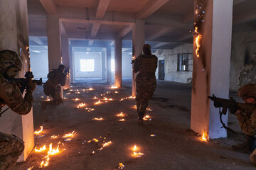  A group of professional soldiers bravely executes a dangerous rescue mission, surrounded by fire...