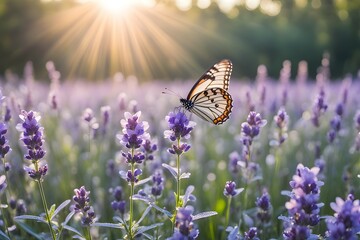 A butterfly is flying in a field of purple flowers