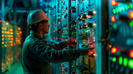 Engineer in a hard hat working on control panels with colorful lights in a dimly lit industrial setting.