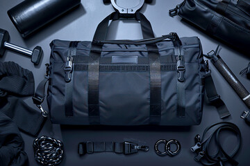 A black duffel bag surrounded by various gym equipment, including weights, a yoga mat, and resistance bands