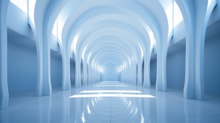 blue corridor with columns and windows