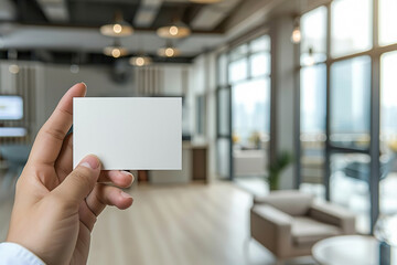 Obraz premium A person holding a business card in their hand, displaying a blank design on a white background. Mockup template for design print