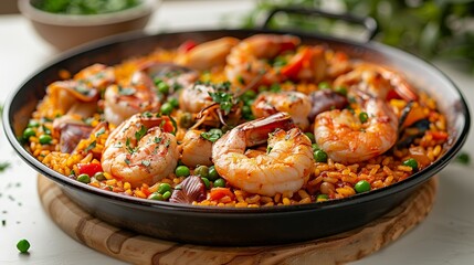 Paella - A Spanish rice dish typically made with seafood, chicken, and vegetables. isolate on white background Minimal and Simple style
