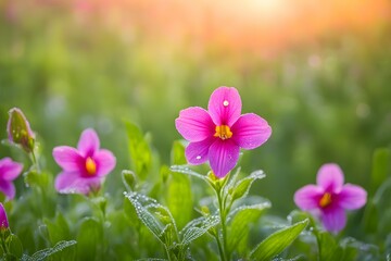 Fototapeta premium A bunch of pink flowers are in a field with a bright sun shining on them