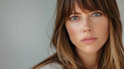 Naklejka premium Portrait of a beautiful woman with the look of the girl next door. Natural complexion and cosmetics. Long brown hair. Copy space.