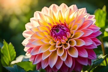 Fototapeta premium A large, colorful flower with a yellow center and pink petals