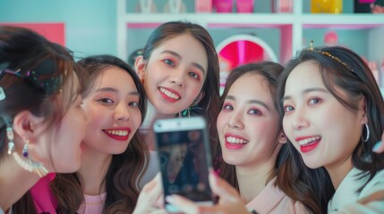 Fototapeta premium A group of Asian beauty bloggers and influencers taking selfies and recording videos at a cosmetics forum, capturing the excitement and vibrant atmosphere