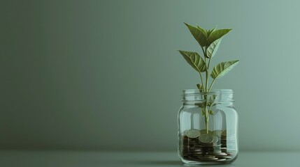 plant growing on glass jar full of coins $$ on table with gray background copy space with minimalist style 