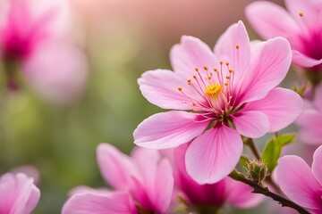 A close up of a pink flower with a yellow center