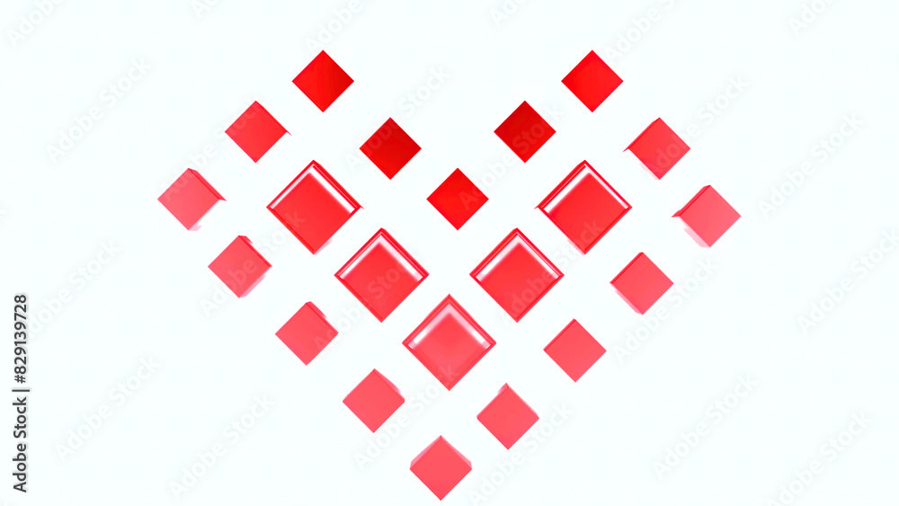 Poster animation with moving squares in shape of heart. motion. 3d pixel-style squares move in shape of hea