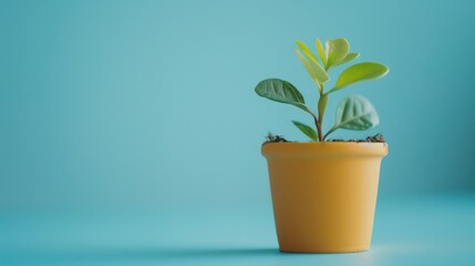 small plant growing on pot near coin money copy space on blue background 
