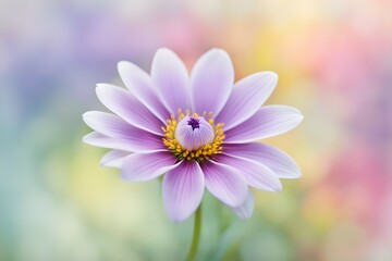 A single purple flower with yellow centers sits in a field of green grass
