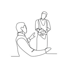 One continuous line drawing of a waiter is serving customers who order food and drinks for dinner in restaurant vector illustration. Restaurant activity in simple linear style vector design concept.