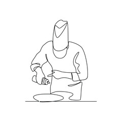 One continuous line drawing of a Chef cooking for customers who order food and drinks for dinner in restaurant vector illustration. Restaurant activity in simple linear style vector design concept.