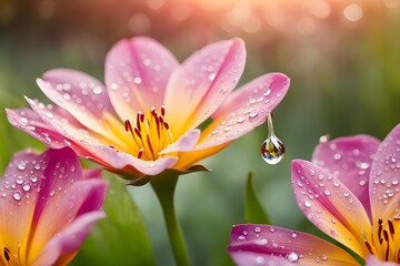 Fototapeta premium A close up of a pink flower with droplets of water on it