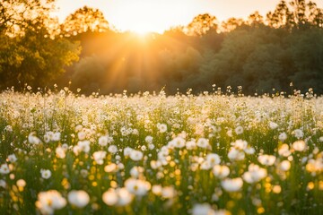 A field of white flowers is bathed in sunlight